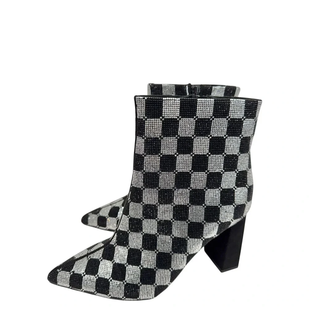 Wild Pair Ingriddd Rhinestone Checkered Ankle Boots Black Silver Block Heel 5M